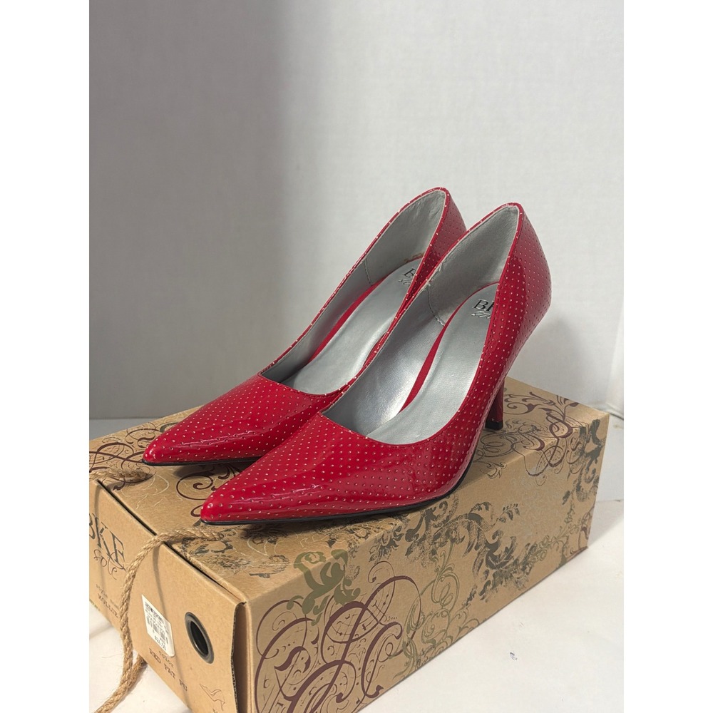 BKE Sole Red Patent Perforated Pointed Toe Stiletto Pumps Heels